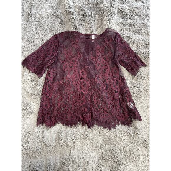 Xhilaration Women's Flower Boho Crochet Blouse Buttons Size XSmall Burgundy - Picture 8 of 9